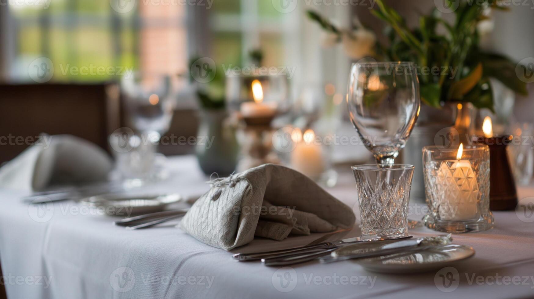 Elegant table setting with burning candles in restaurant photo