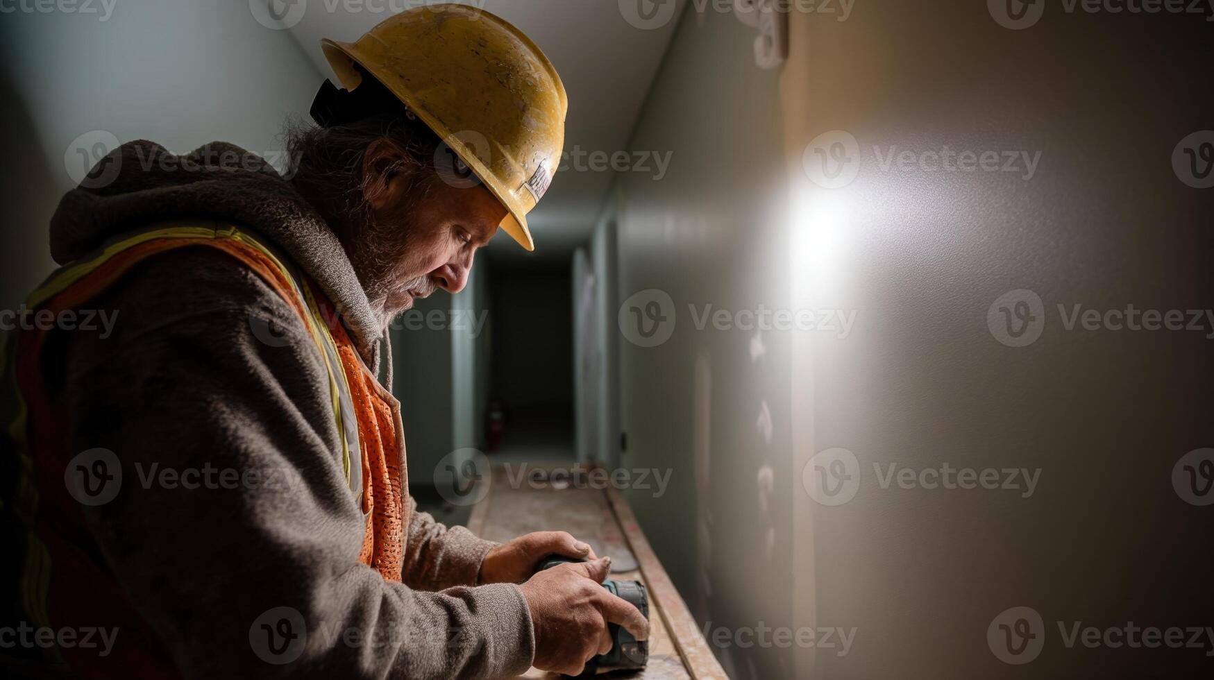 A worker wearing safety gear using a power drill to fasten drywall in a dimly lit room undergoing renovations photo