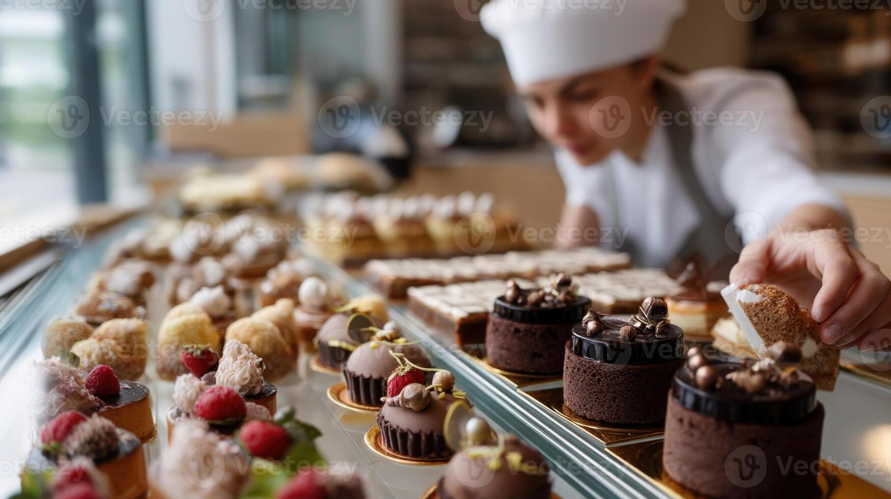 Pastry chef arranging delicious pastries in display case photo