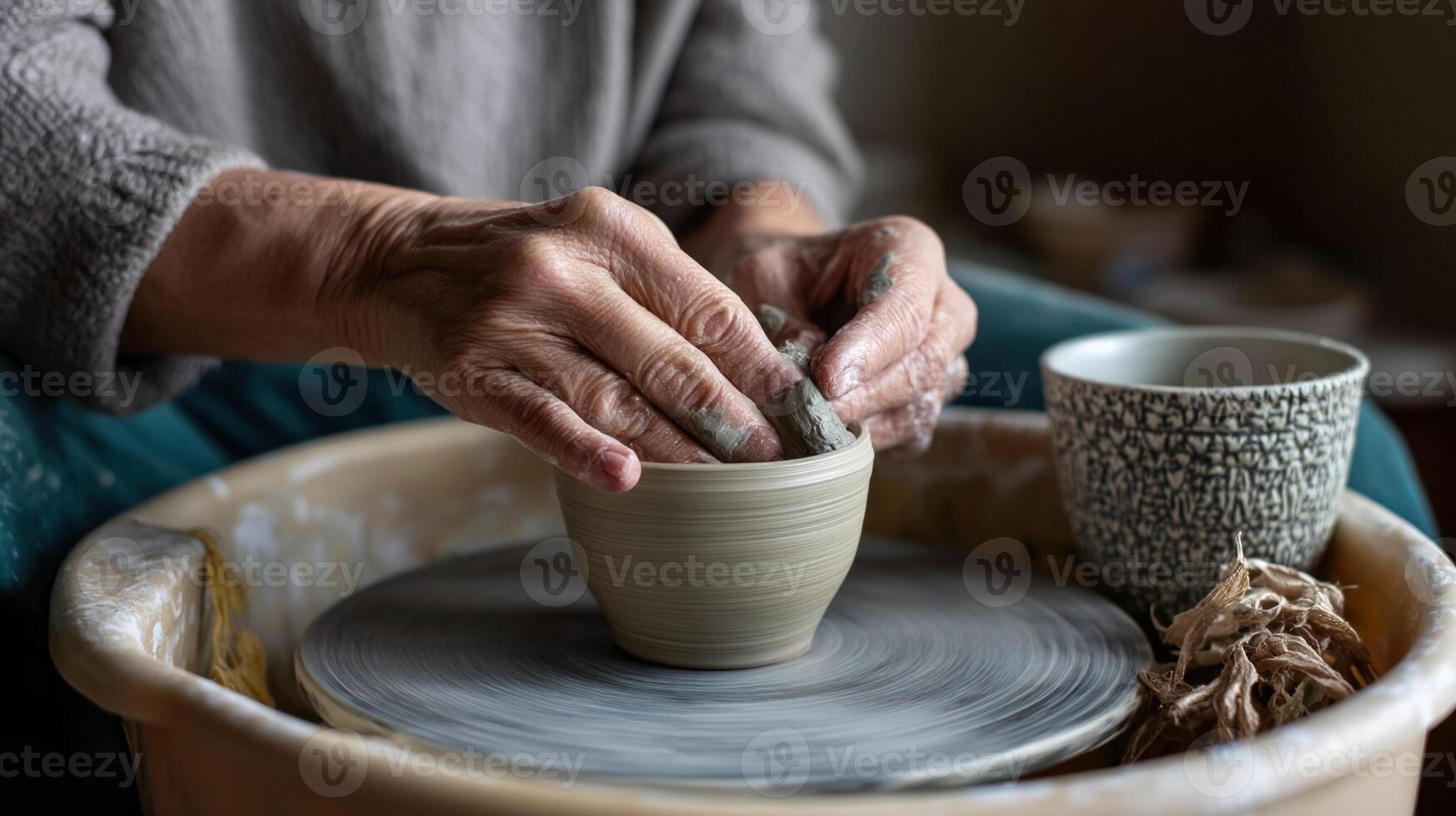 A closeup of hands molding soft clay on a pottery wheel showcasing the calming process of creating soing tangible and artistic through tactile engagement photo