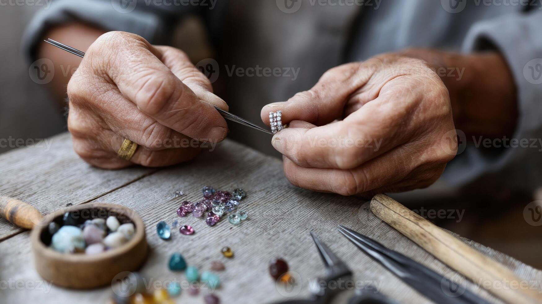 A jewelry maker carefully setting gemstones into a delicate ring with magnifying tools and colorful gemstones tered around photo