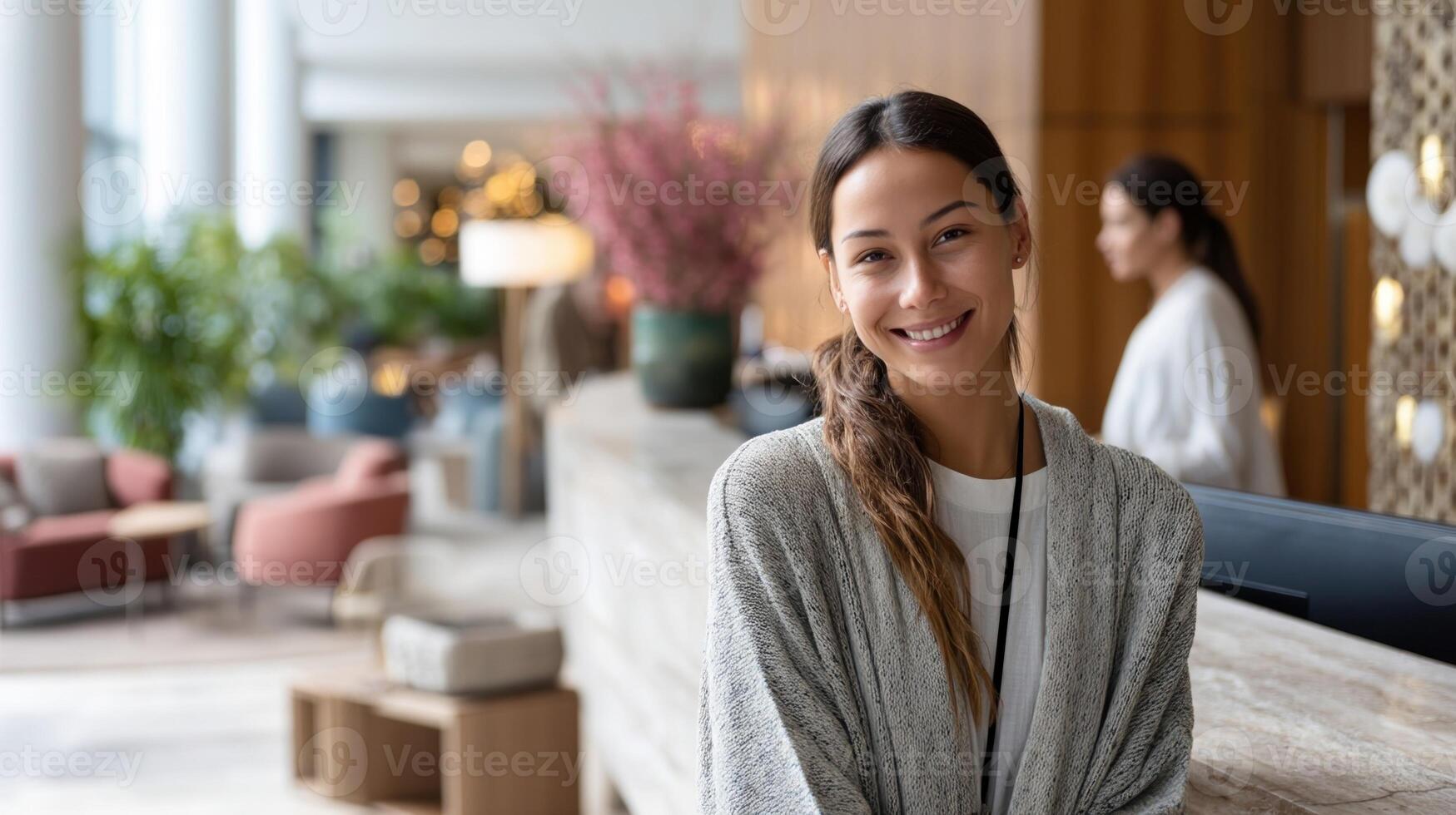 A hotel front desk attendant warmly greeting guests with a welcoming smile as they check in to a stylish lobby adorned with modern decor and comfortable seating areas photo