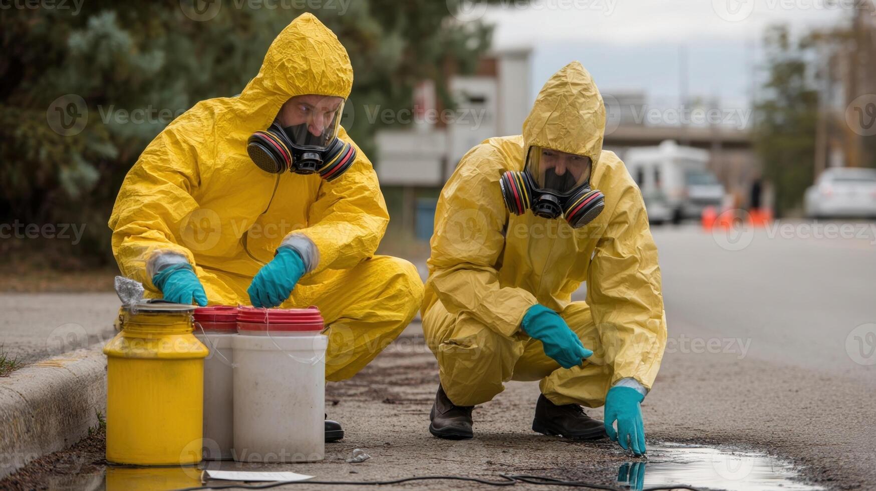 A hazmat team in protective suits assessing a chemical spill carefully examining the scene while using specialized equipment and ensuring safety photo