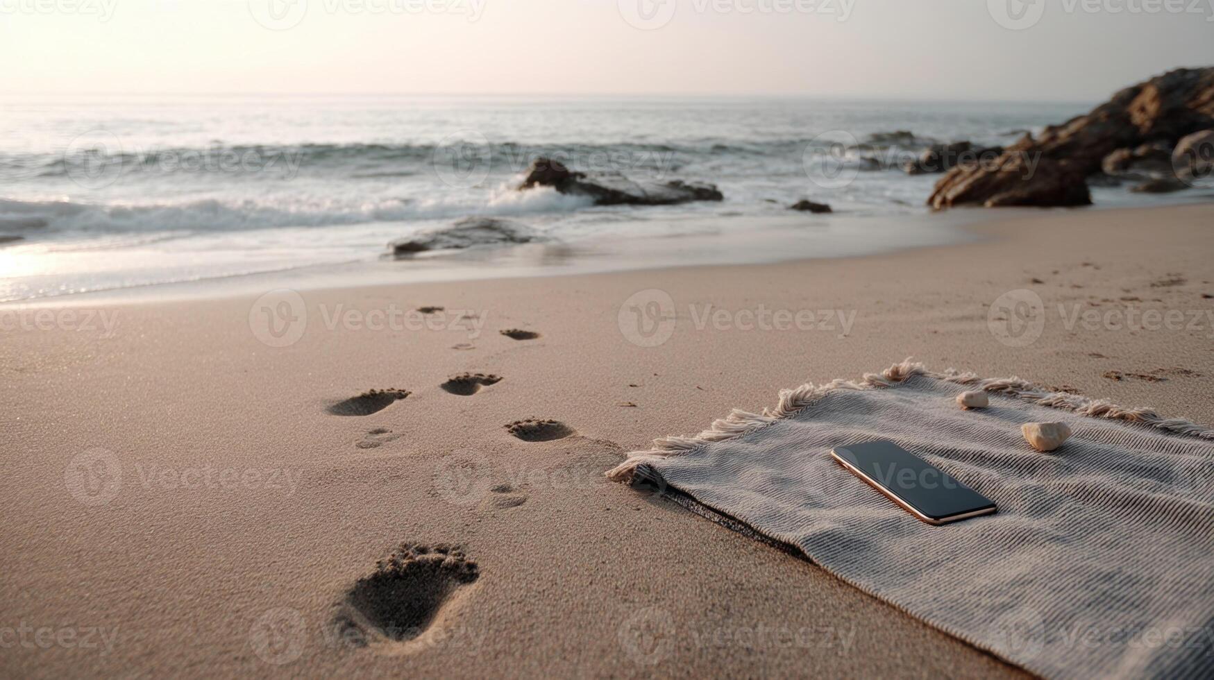 Smartphone resting on beach towel with footprints in sand near ocean waves photo