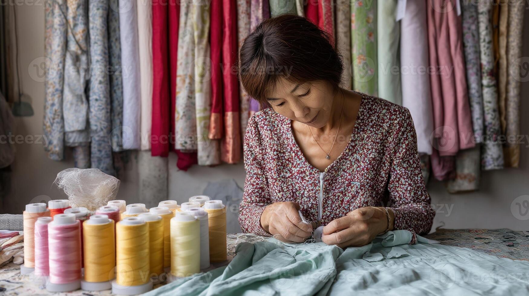 A seamstress meticulously handstitching a garment surrounded by colorful fabrics and spools of thread photo