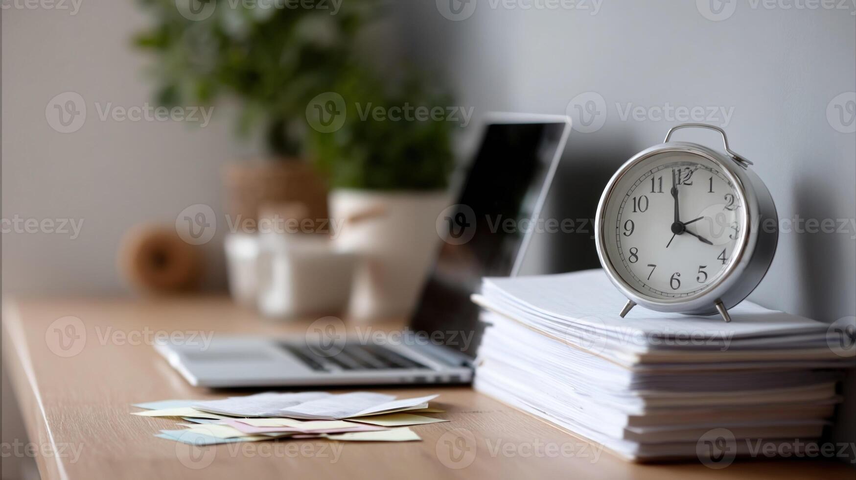 A closeup of a clock on a wall showing the time ticking down with study materials like flashcards and a laptop in the foreground photo