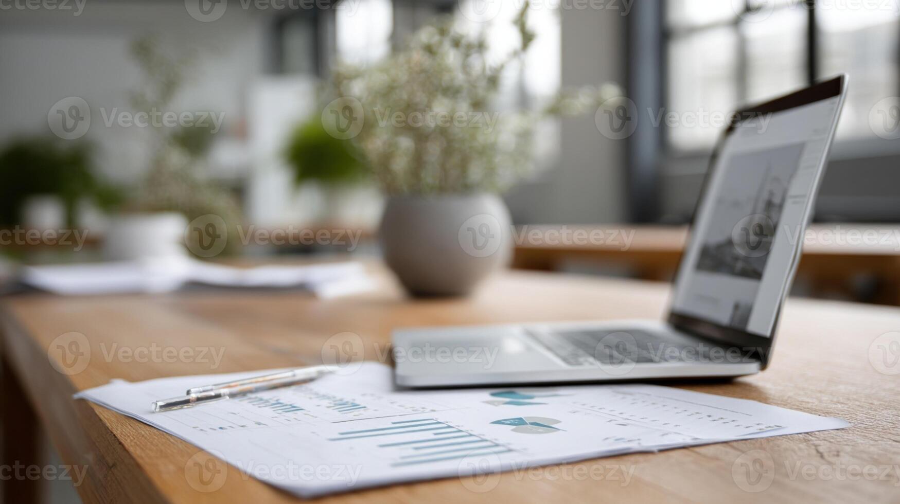 A closeup of a business plan document on a table featuring graphs and financial projections alongside a laptop displaying a website under development photo