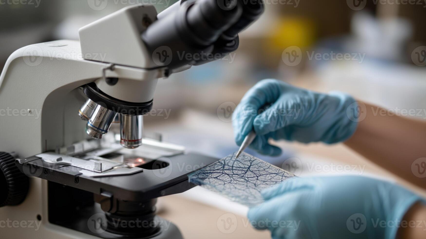 A closeup of a researchers gloved hands carefully manipulating a microscope slide revealing intricate cellular structures under high magnification photo