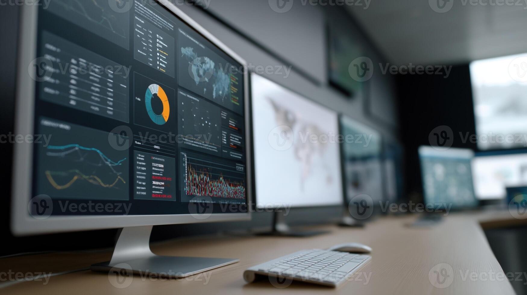 A digital dashboard filled with analytics and threat detection alerts visualizing realtime monitoring in a cybersecurity operations center photo
