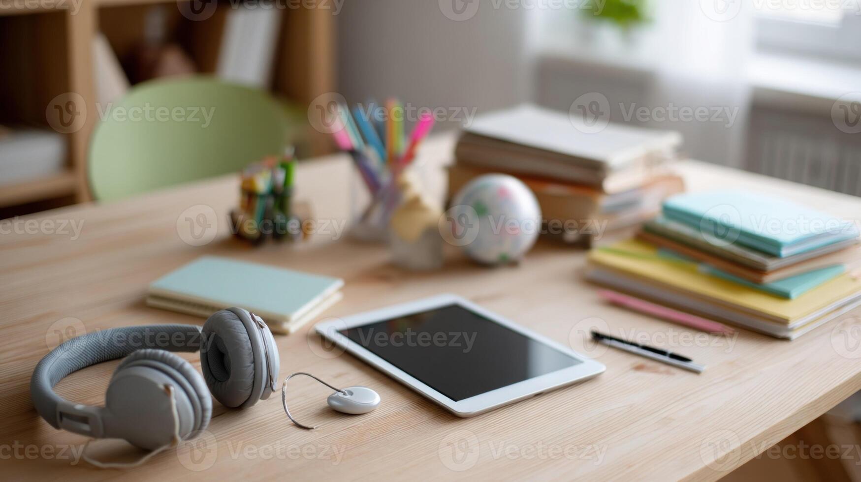 A home office setup with various learning materials like a tablet headphones and stationery emphasizing a personalized online learning environment photo