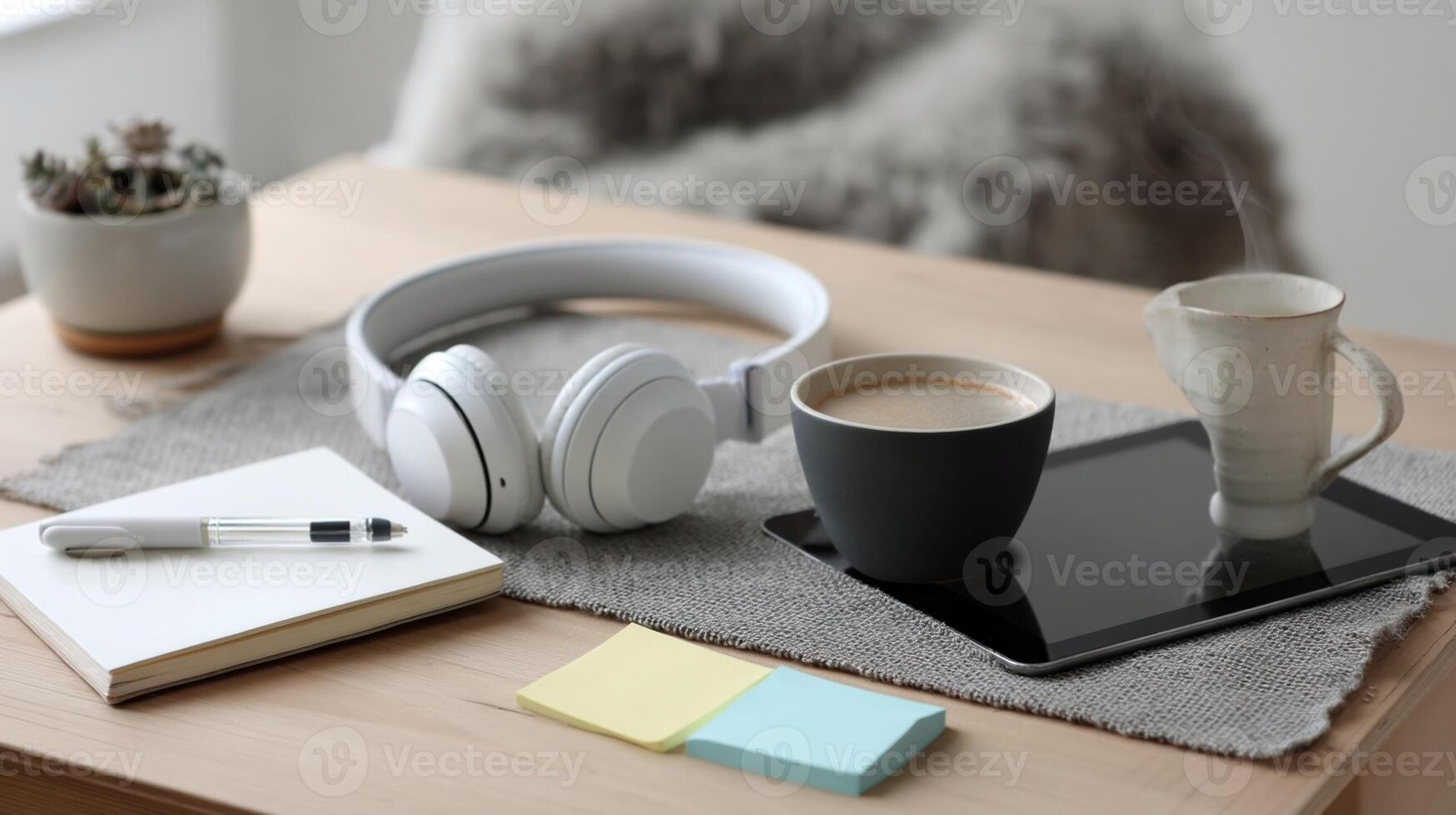 A minimalist workspace on a kitchen table displaying a tablet wireless headphones and a steaming mug of coffee surrounded by a few wellorganized pens and sticky notes photo
