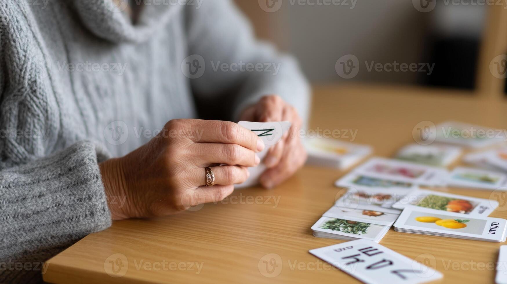 A closeup of hands holding flashcards with vocabulary words and corresponding images emphasizing the use of visuals in memorization techniques photo