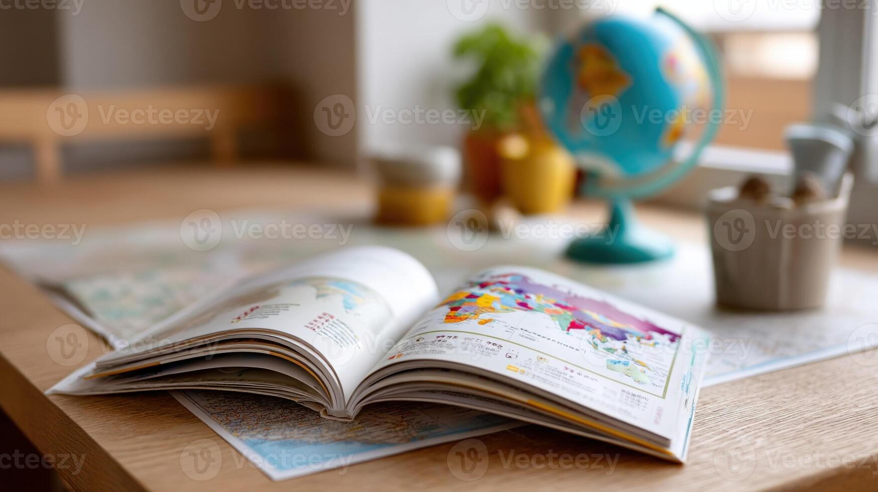An open book with colorful illustrations and text in another language p on a table alongside a map and a globe indicating the connection between language and geography photo