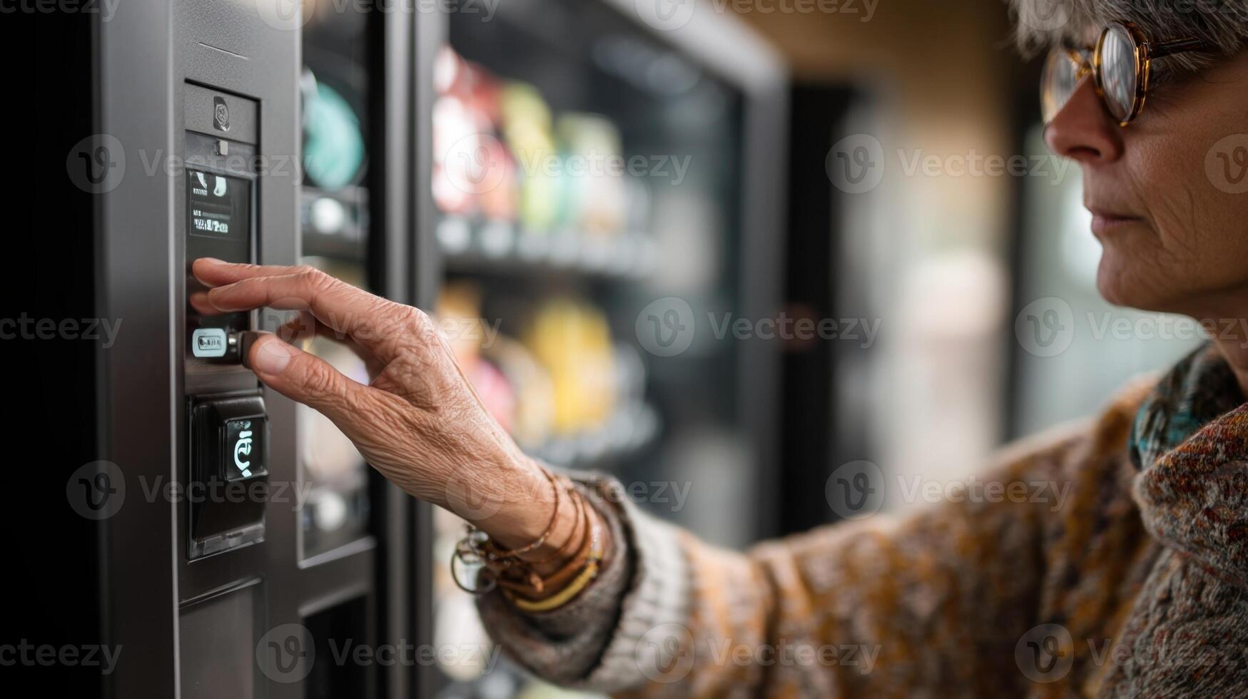 A person using a contactless payment od at a vending machine with a clear visual of the payment symbol illuminated on the machine photo