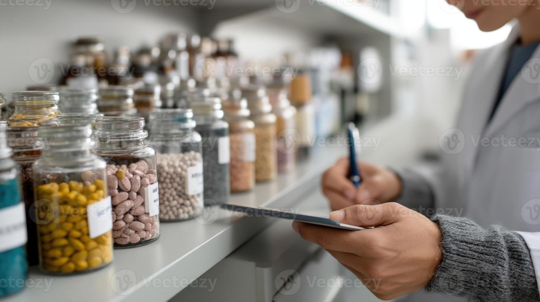 A shelf stocked with vials of vaccines and pharmaceuticals with a researcher selecting samples while taking notes on a digital tablet photo