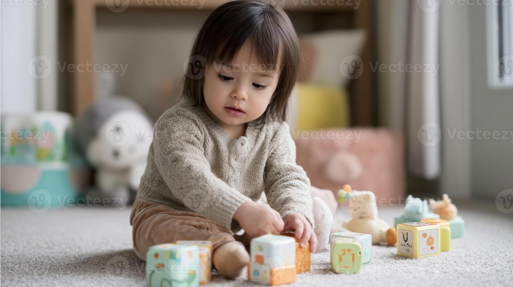 A toddler playing with interactive language learning toys surrounded by soft blocks with letters and animals illustrating early language acquisition photo