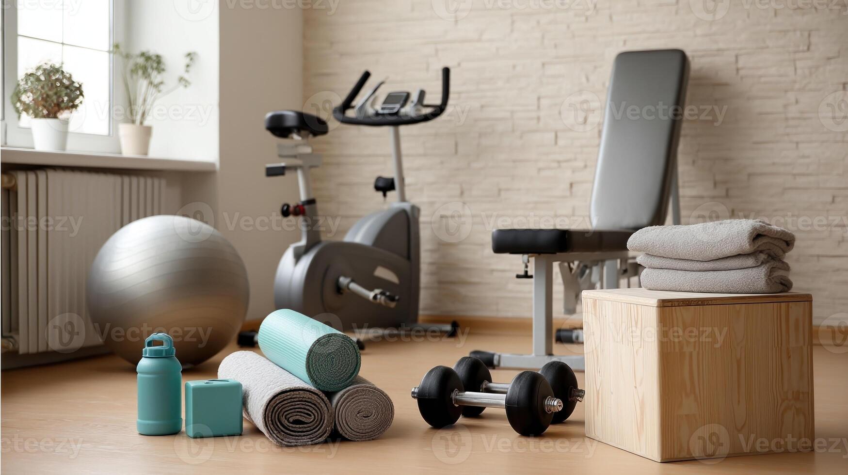 An assortment of exercise equipment neatly arranged in a home gym highlighting the importance of having space for regular workouts photo