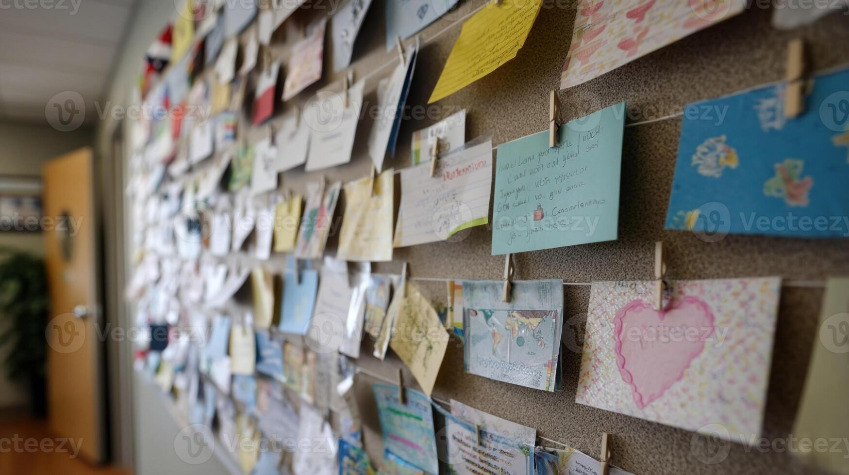 A bulletin board covered with pinned postcards from various countries each featuring phrases in different languages representing a communitys encouragement of multilingualism photo