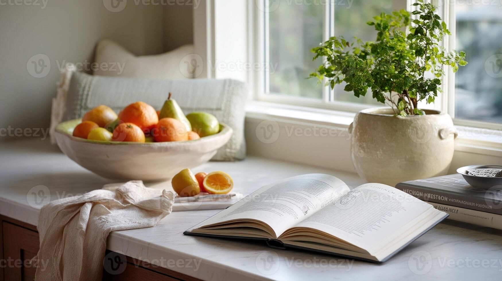 A cozy kitchen nook featuring a window with sunlight streaming in illuminating a bowl of seasonal fruits and a recipe book open to a favorite dish photo