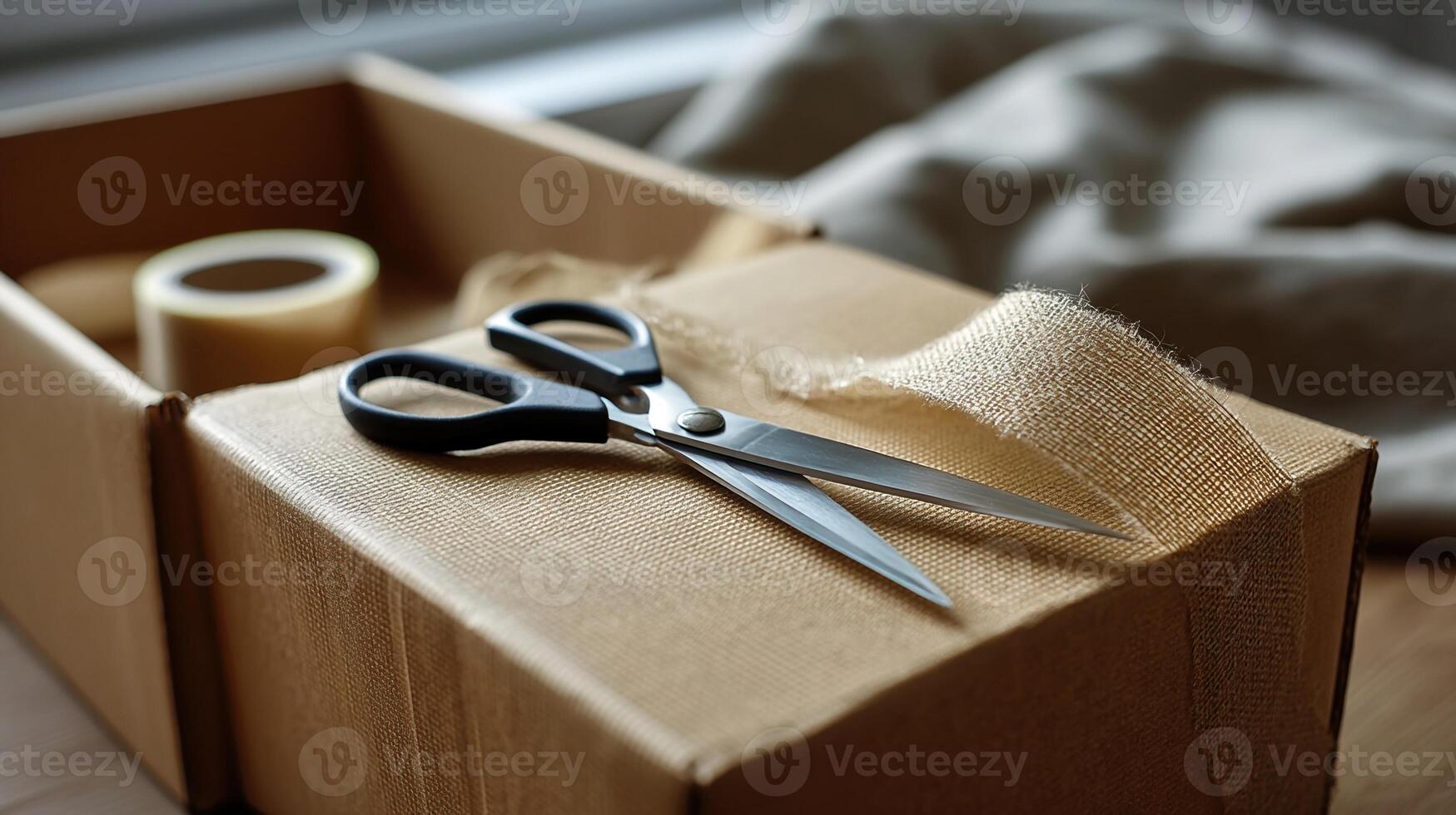 A focused view of a pair of scissors ting through tape on a large shipping box highlighting the anticipation of what lies inside photo