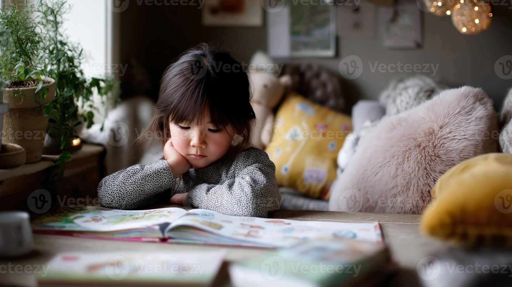 A child sitting at a desk deeply focused on reading a colorful picture book with a cozy reading nook filled with cushions and soft lighting photo