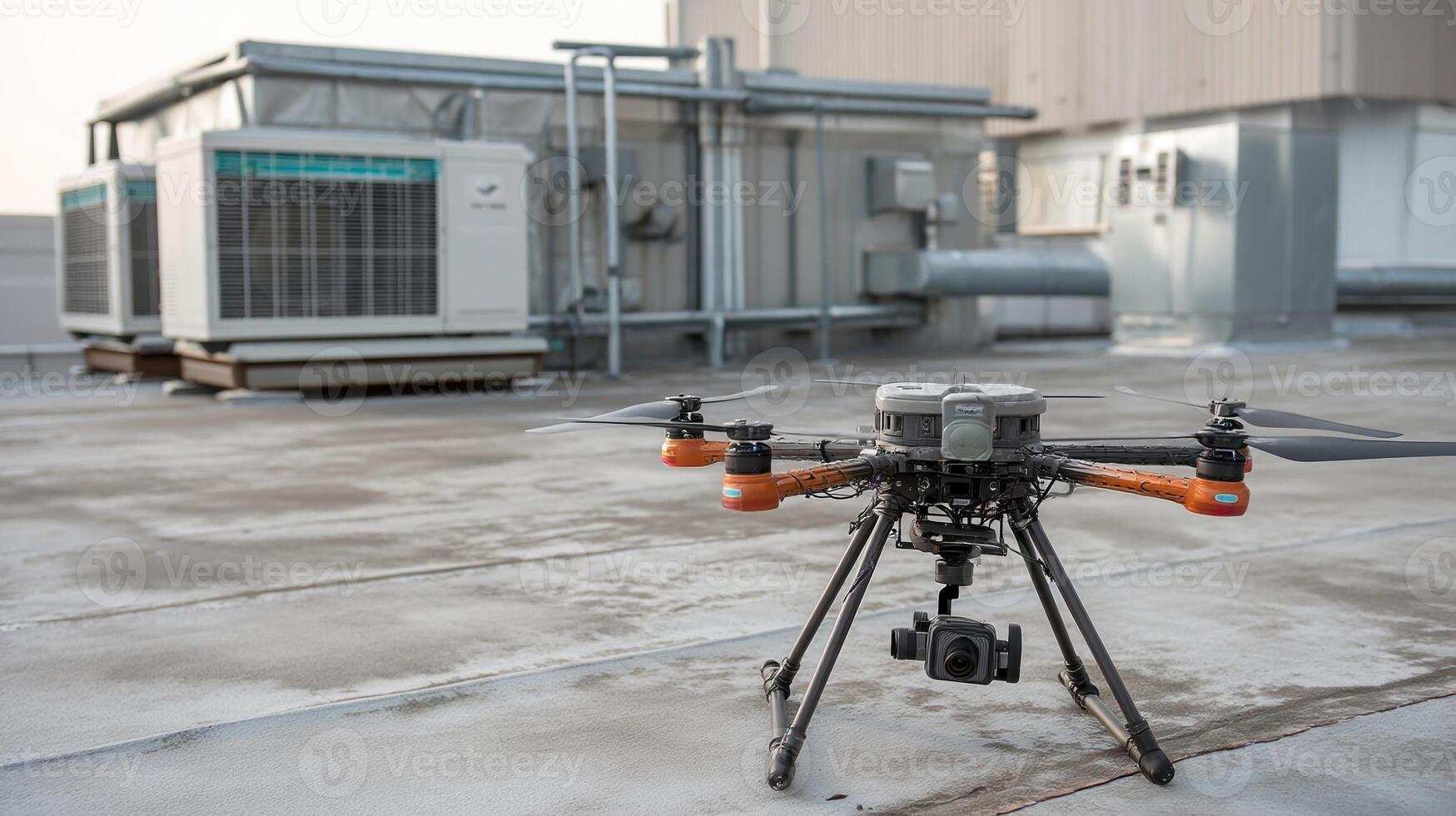 A drone equipped with a thermal imaging camera captures heat signatures from a rooftop assisting in energy efficiency assessments for commercial buildings photo