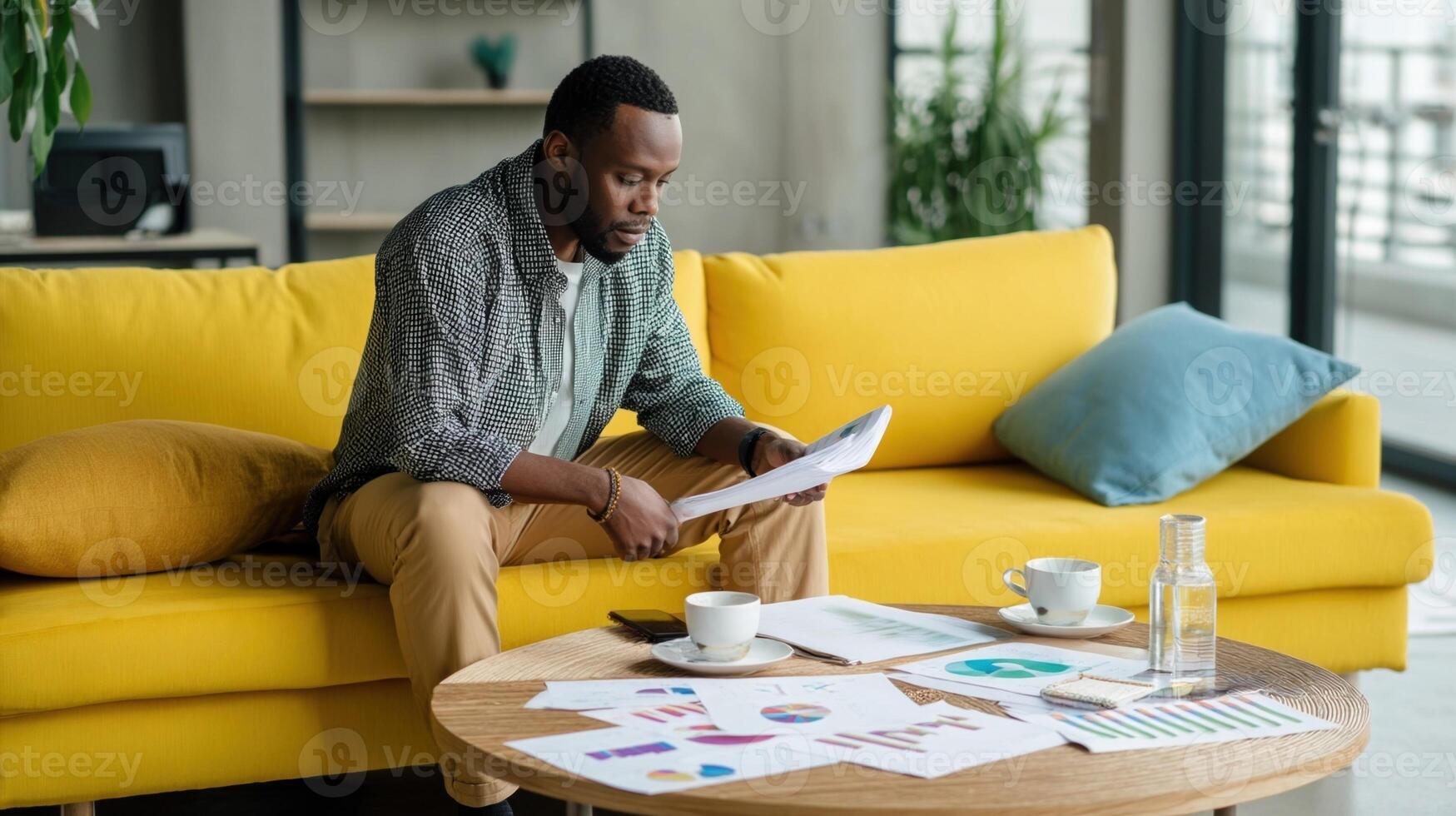 An entrepreneur reviewing financial reports while sitting on a bright yellow couch with colorful charts and graphs spread out on the coffee table photo