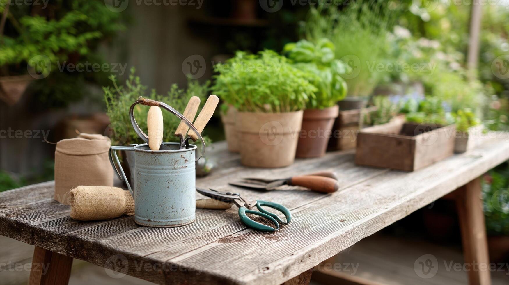 A rustic wooden garden table cluttered with various gardening tools such as pruning shears trowels and a watering can with potted herbs in the background photo