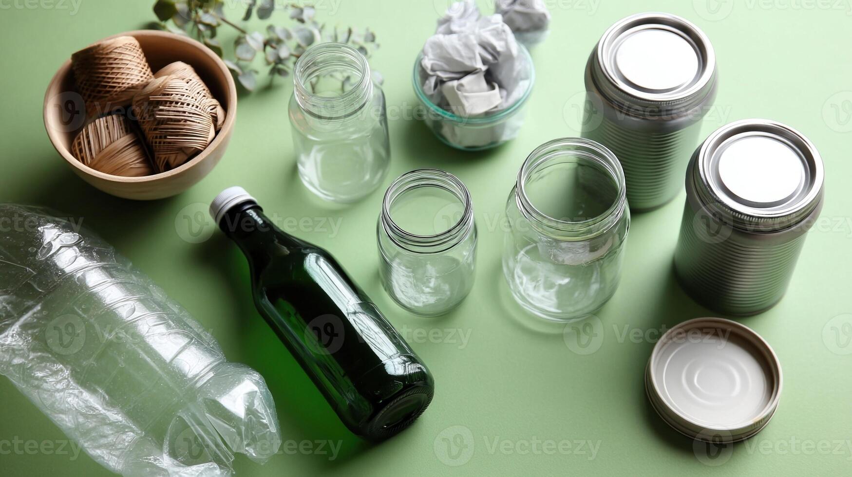 A closeup of various recyclable materials such as cled paper glass jars and plastic bottles arranged neatly on a bright green background photo