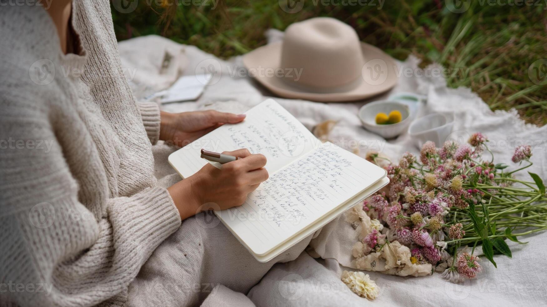 An individual journaling outdoors on a picnic blanket with an open notebook filled with handwritten thoughts surrounded by blooming flowers and soft grass photo
