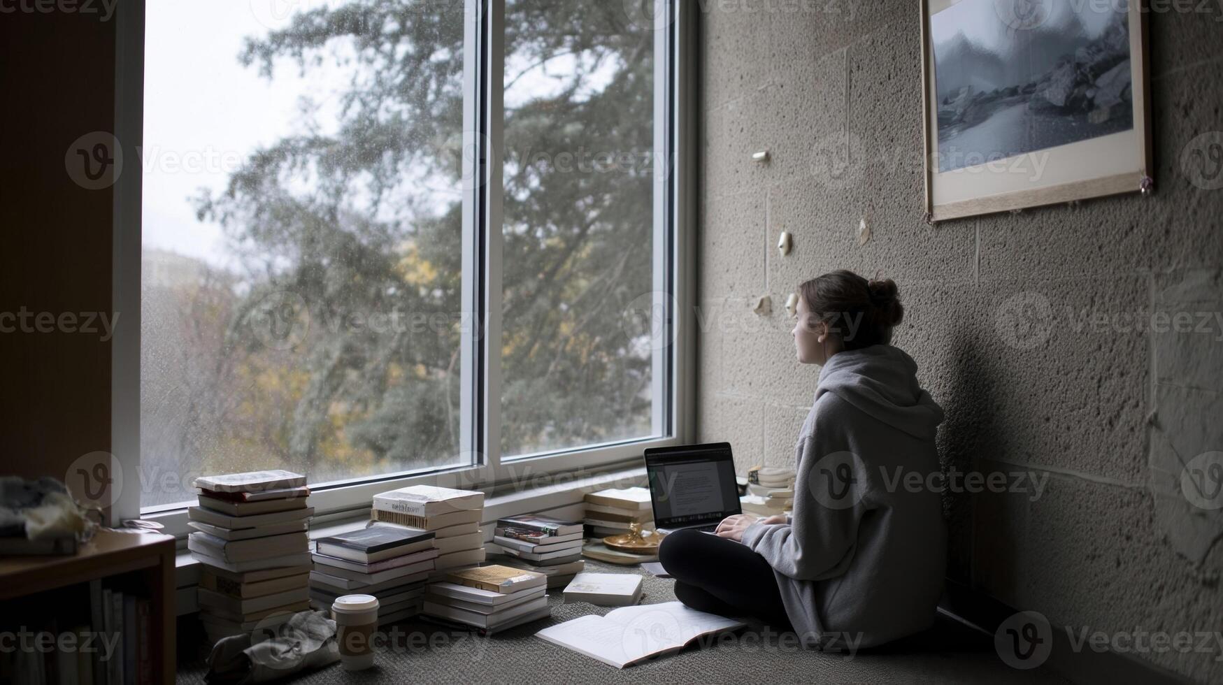 A serene study environment with a window letting in natural light where a student is using a laptop while surrounded by piles of books photo