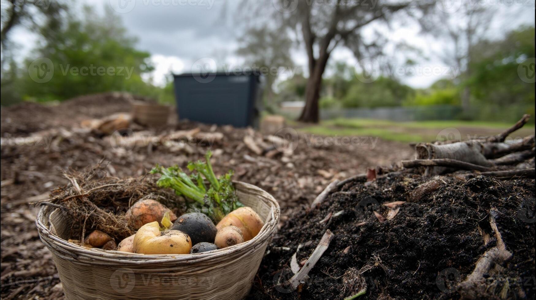 A composting area filled with organic waste materials where microorganisms break down food scraps and yard waste into nutrientrich soil amendment photo
