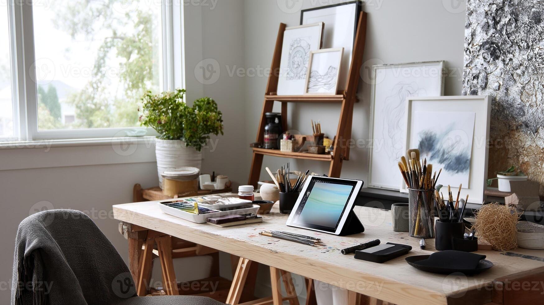 A creative home office filled with art supplies and sketches where a setup includes a tablet for digital drawing along with a traditional easel and a welllit work area photo