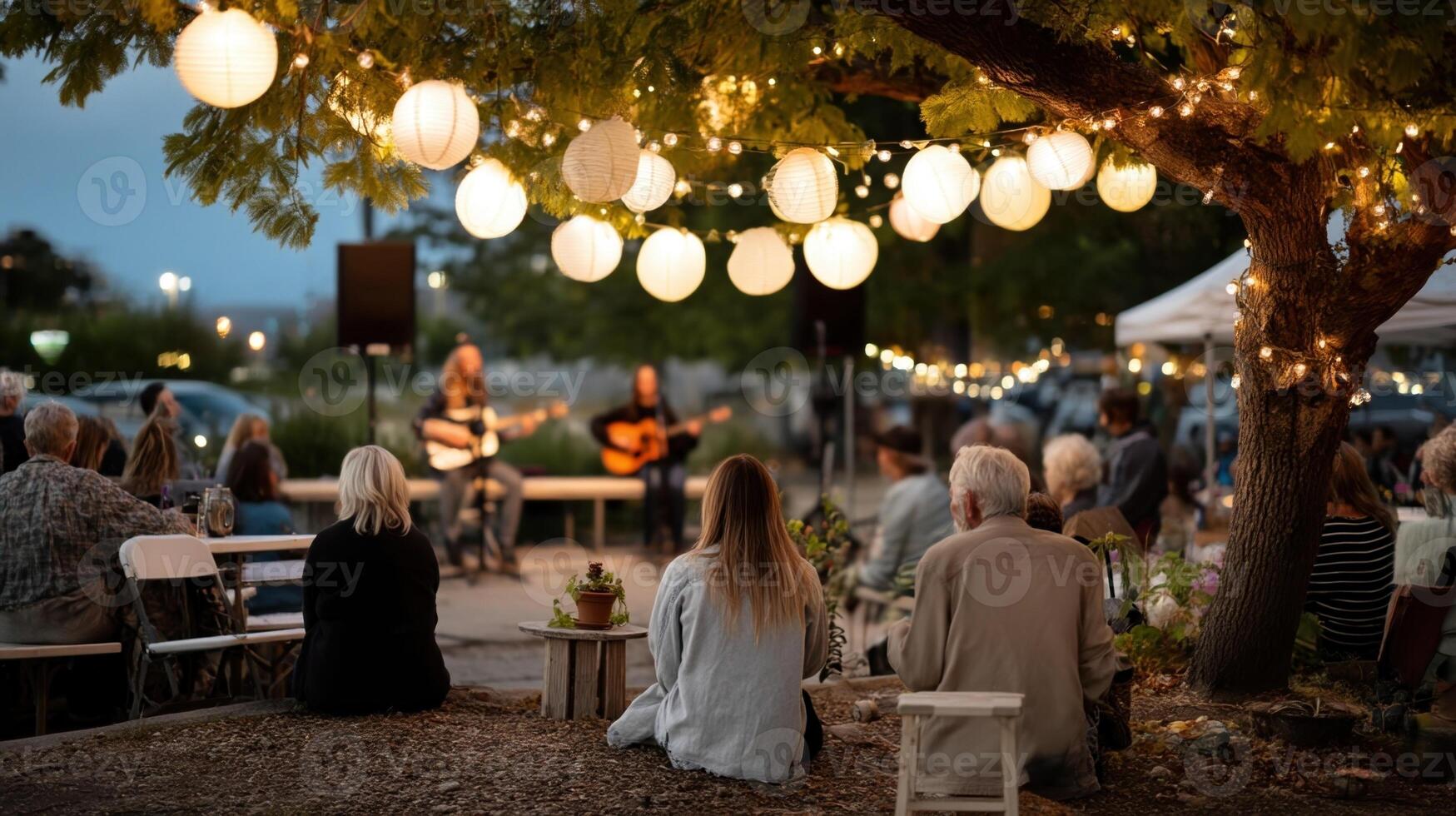 Audience enjoying open air concert under string lights photo