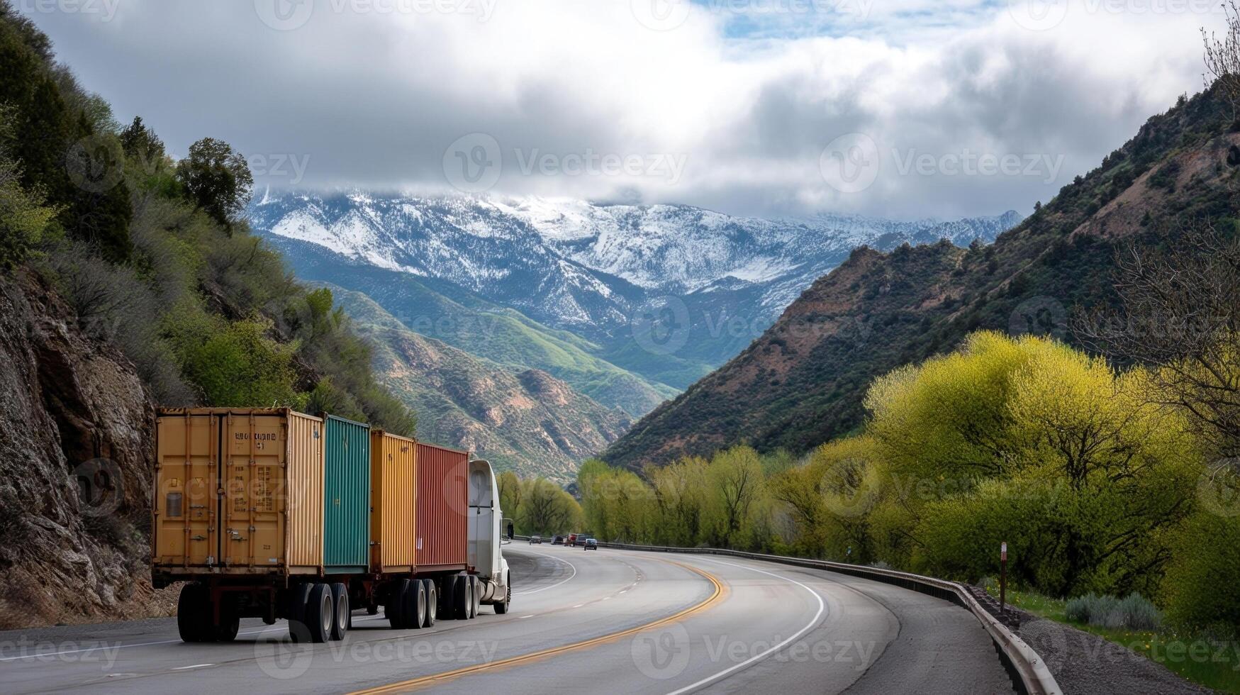 A cargo truck driving along a winding highway loaded with colorful shipping containers with mountains and greenery in the distance photo