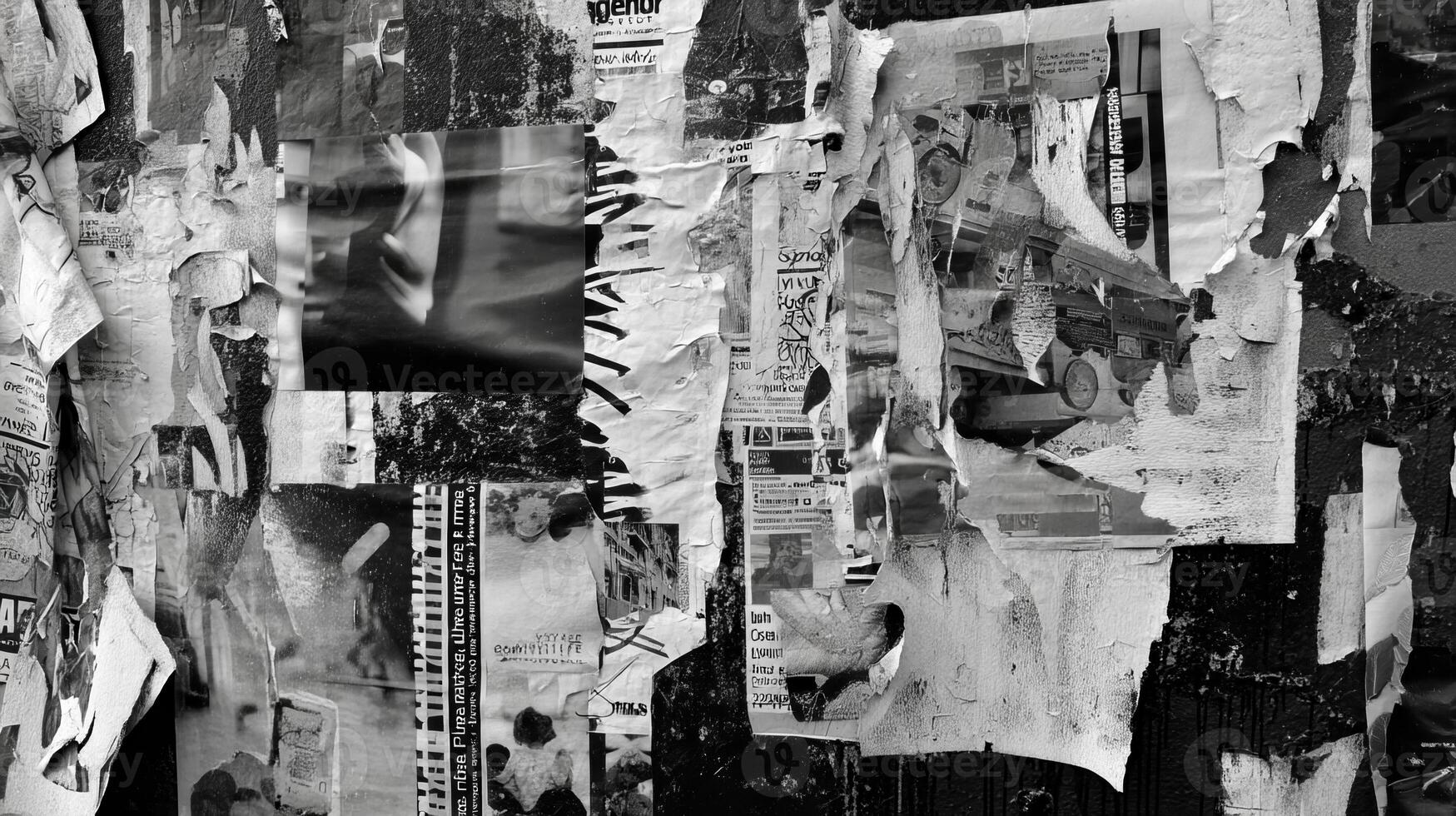 Torn posters changing over time on a decaying wall photo