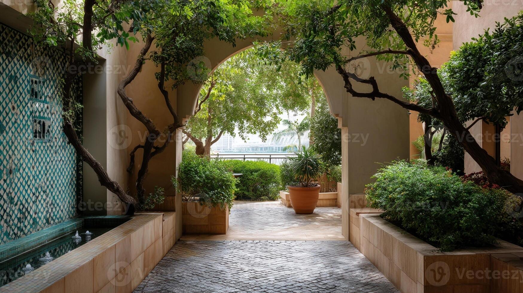 An ornate archway that welcomes visitors to a lush courtyard embellished with mosaic tiles and surrounded by lush greenery and tranquil water features photo