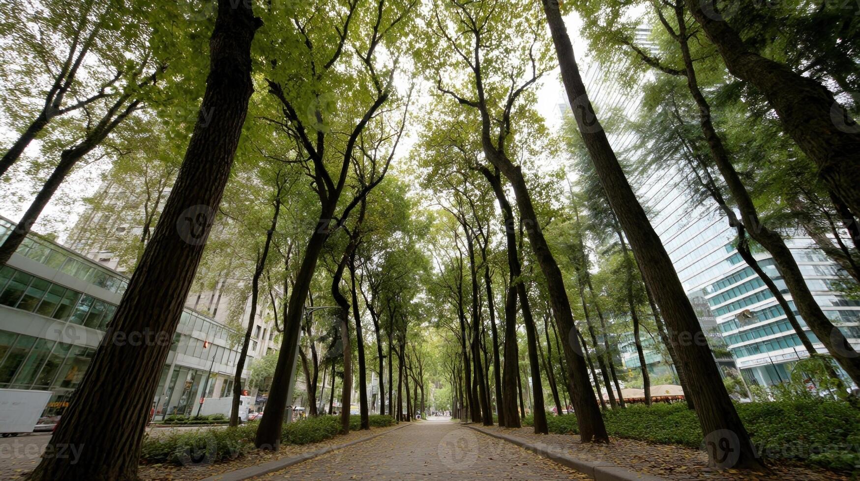 An urban forest with towering trees and a soft carpet of leaves providing a natural habitat for birds and small wildlife amidst city structures photo