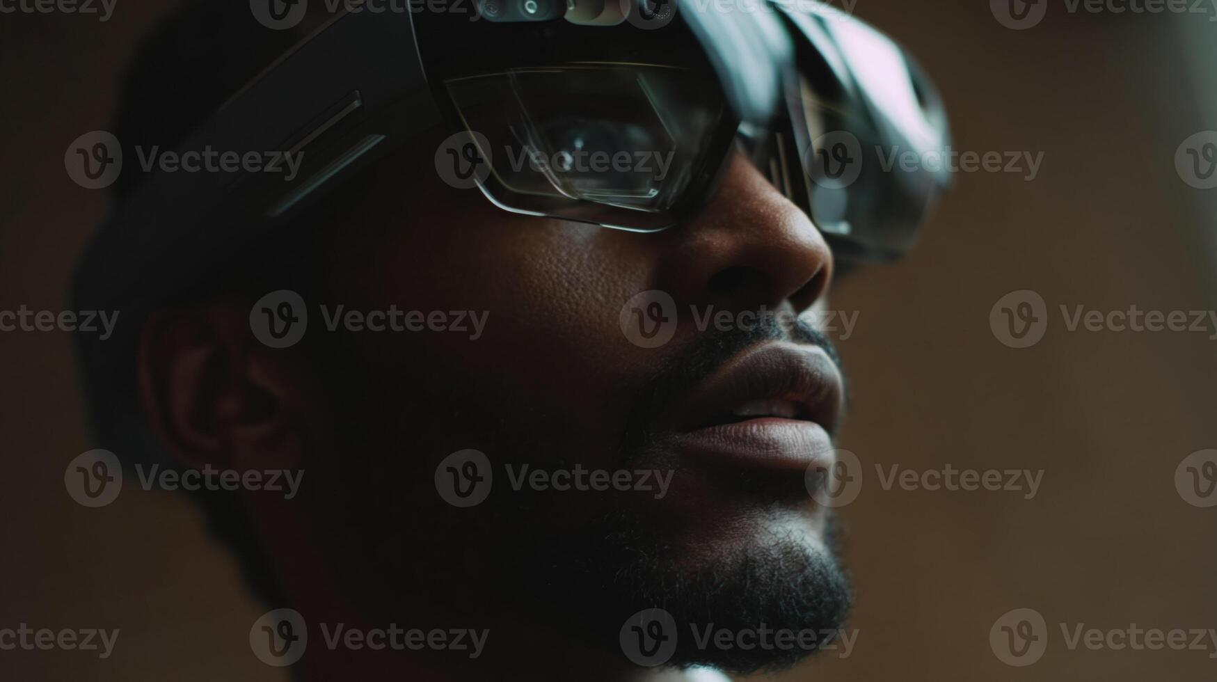 Closeup of the AR glasses displaying a dynamic overlay of notifications with a translucent interface that seamlessly fades away as the wearer begins to speak enhancing focus on verba photo