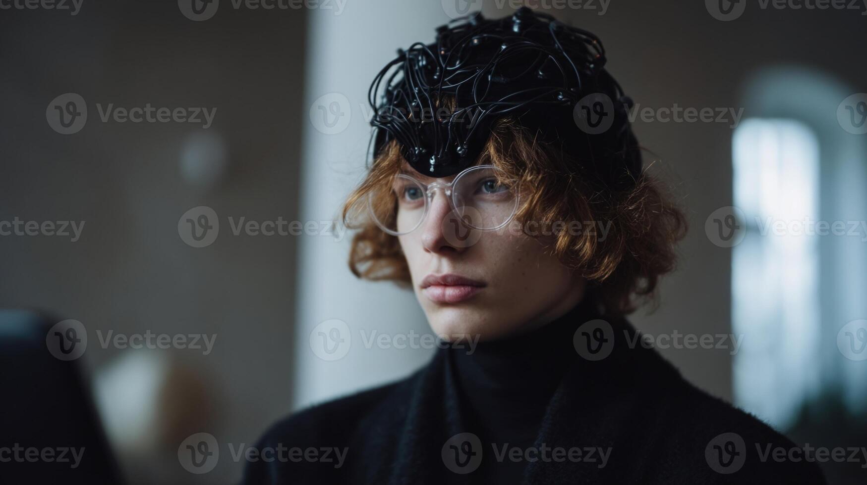 An immersive headgear interface embedded with sensors capturing intricate brainwave patterns with a digital notepad seamlessly translating these signals into organized coherent content photo