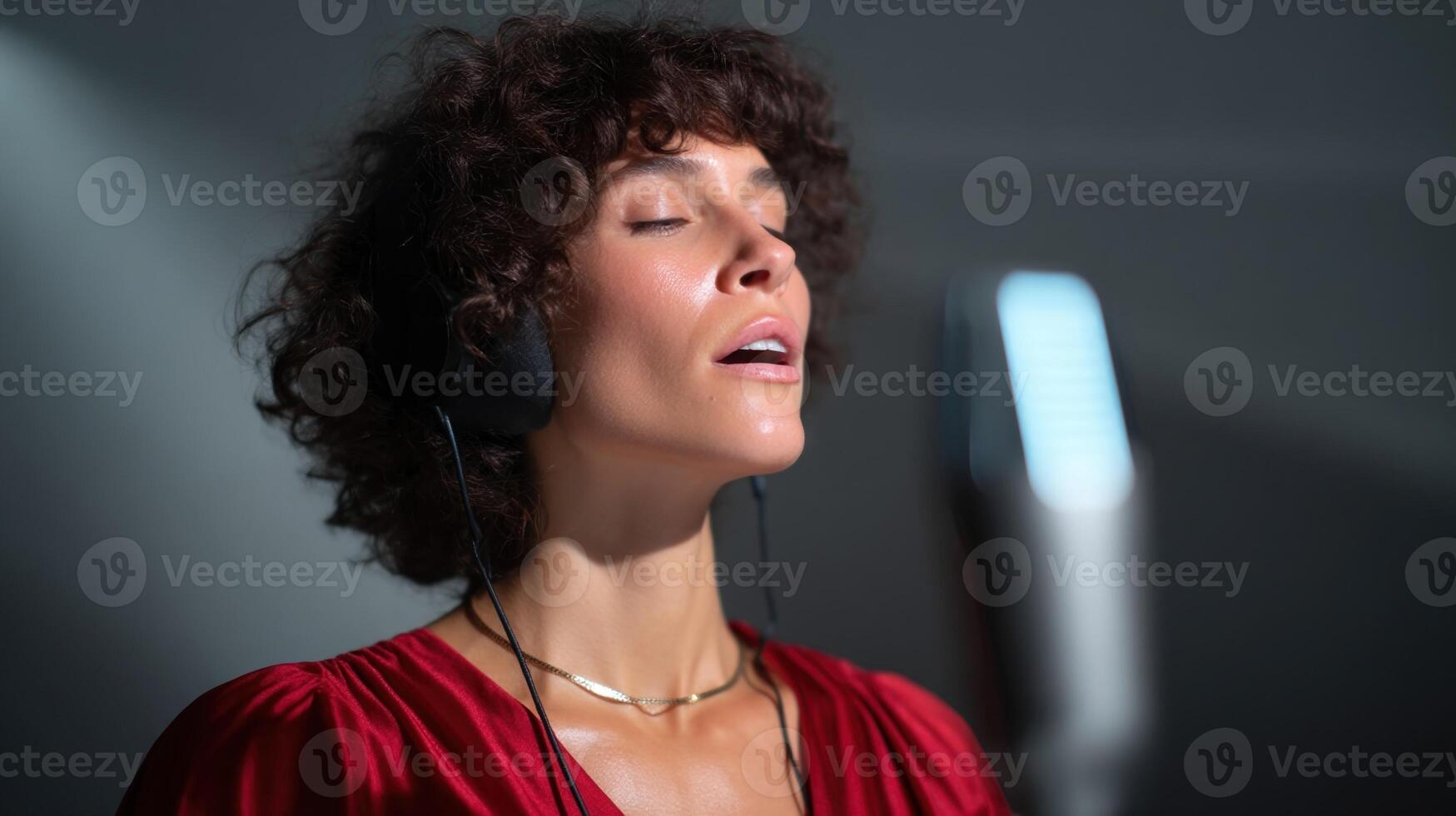 A splitscreen view shows a user passionately singing into a microphone while a virtual AGI avatar generates harmonizing melodies enhancing the performance with synthesized backing vocal photo