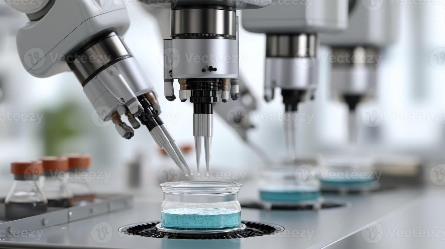 A robotic workstation featuring multiple robotic hands adorned with finetipped tools each performing different tasks like stirring pipetting and analyzing all synchronized through photo