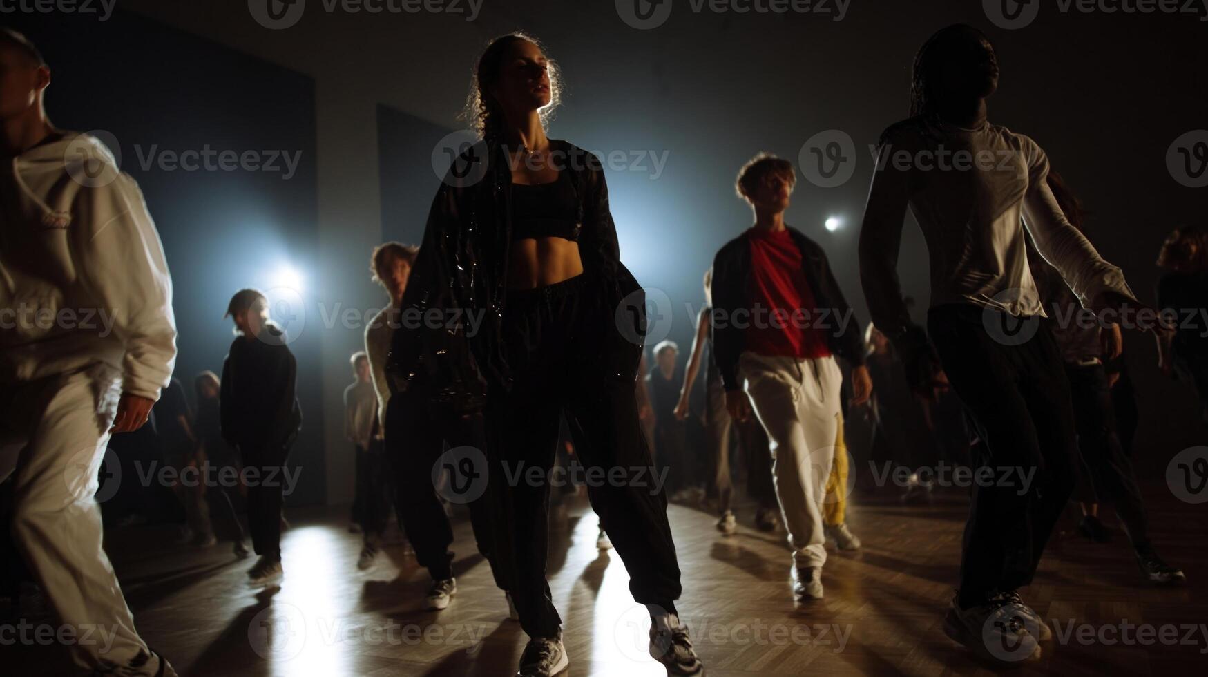 A visually striking scene of diverse individuals across different ages and backgrounds dancing in unison their choreography crafted through a combination of AGI creativity and personalize photo