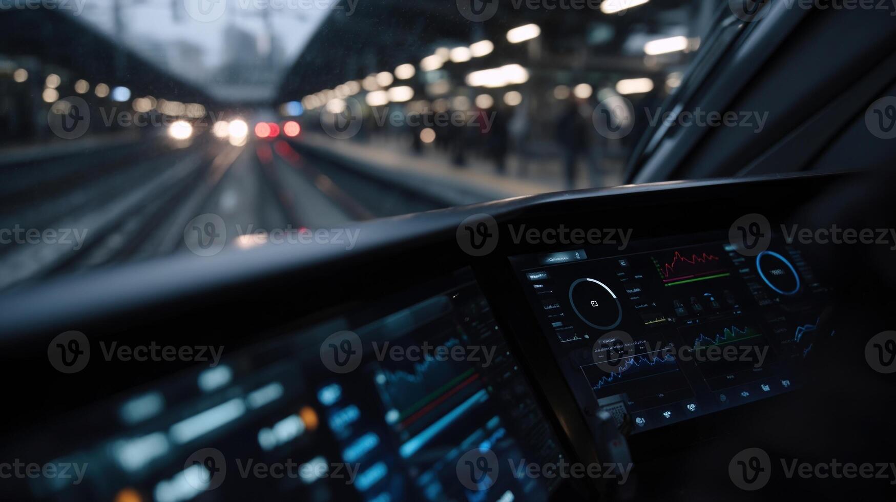 Closeup of a maglev pods control interface displaying an array of data points and visualizations where AGI algorithms analyze nearby pod speeds and predicted movements to ensure seamles photo