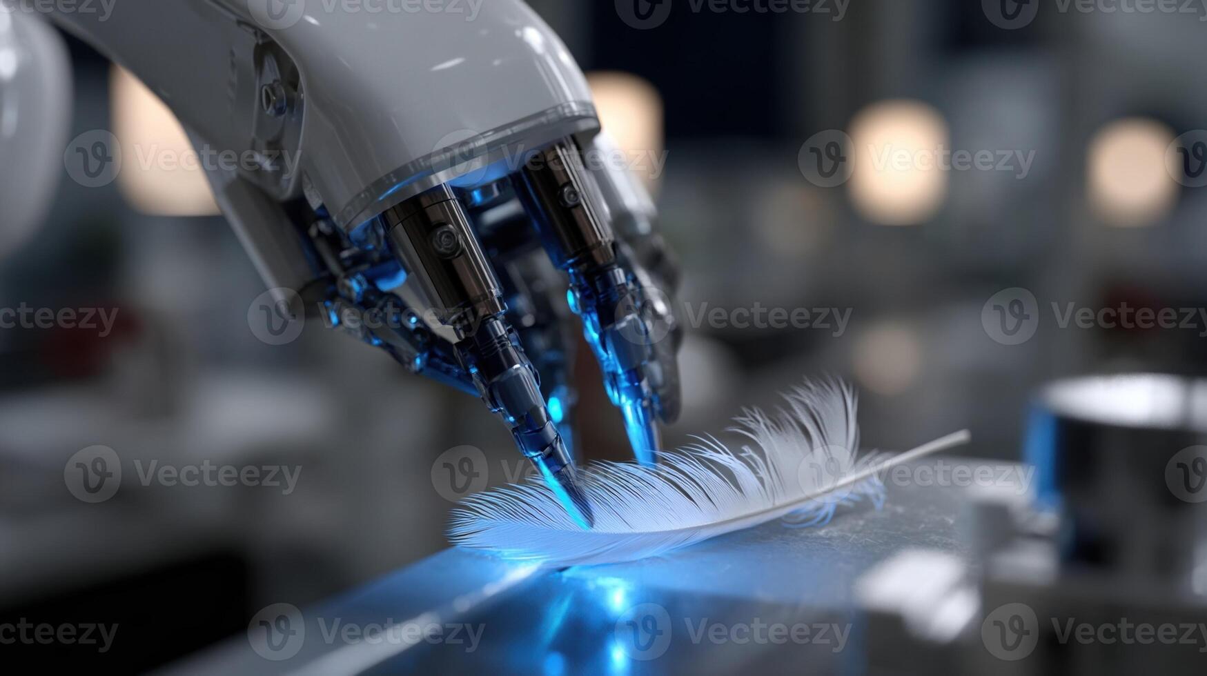 An advanced robot equipped with soft adaptive grippers carefully maneuvering a feather as the tactile feedback system colors the surrounding workspace in varying shades of blue to photo