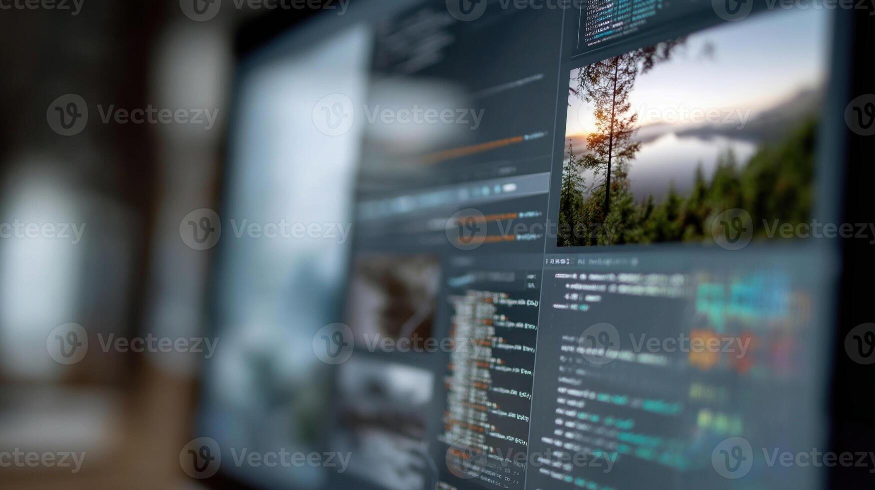 A closeup of a computer screen showcasing a code interface where developers create algorithms for embedding invisible watermarks into images and videos surrounded by visual representation photo