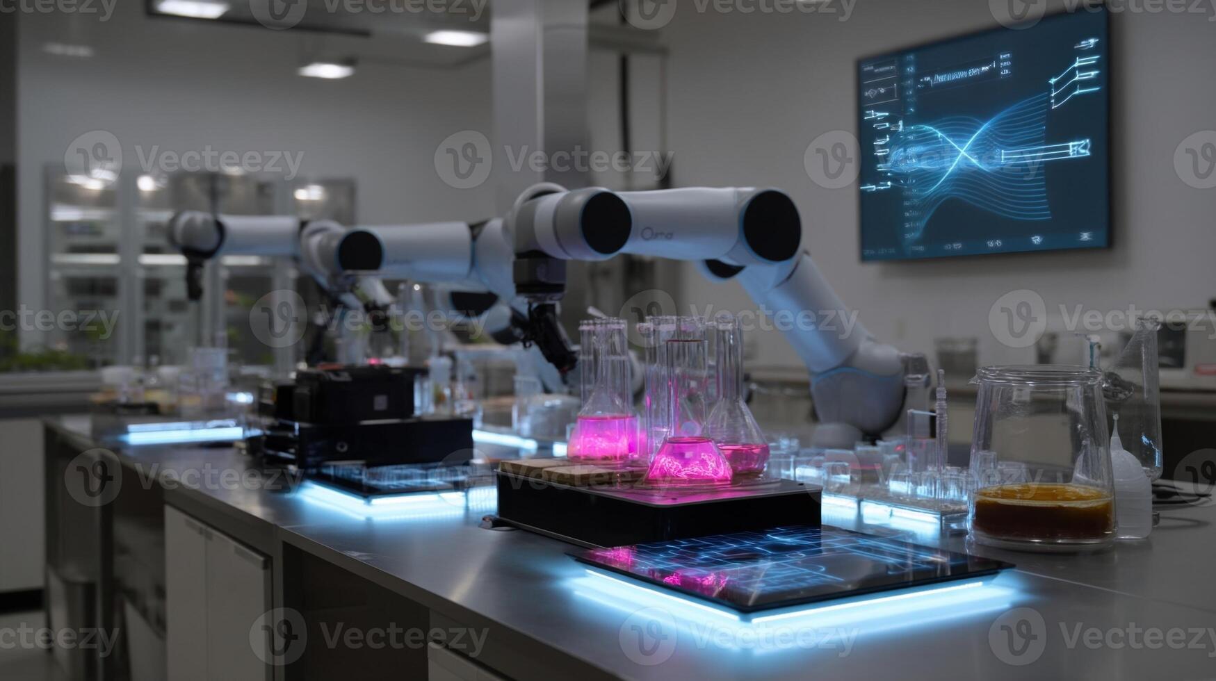 A of autonomous lab robots working in harmony on a large countertop each conducting separate chemical reactions while communicating their progress via a central data interface projecte photo