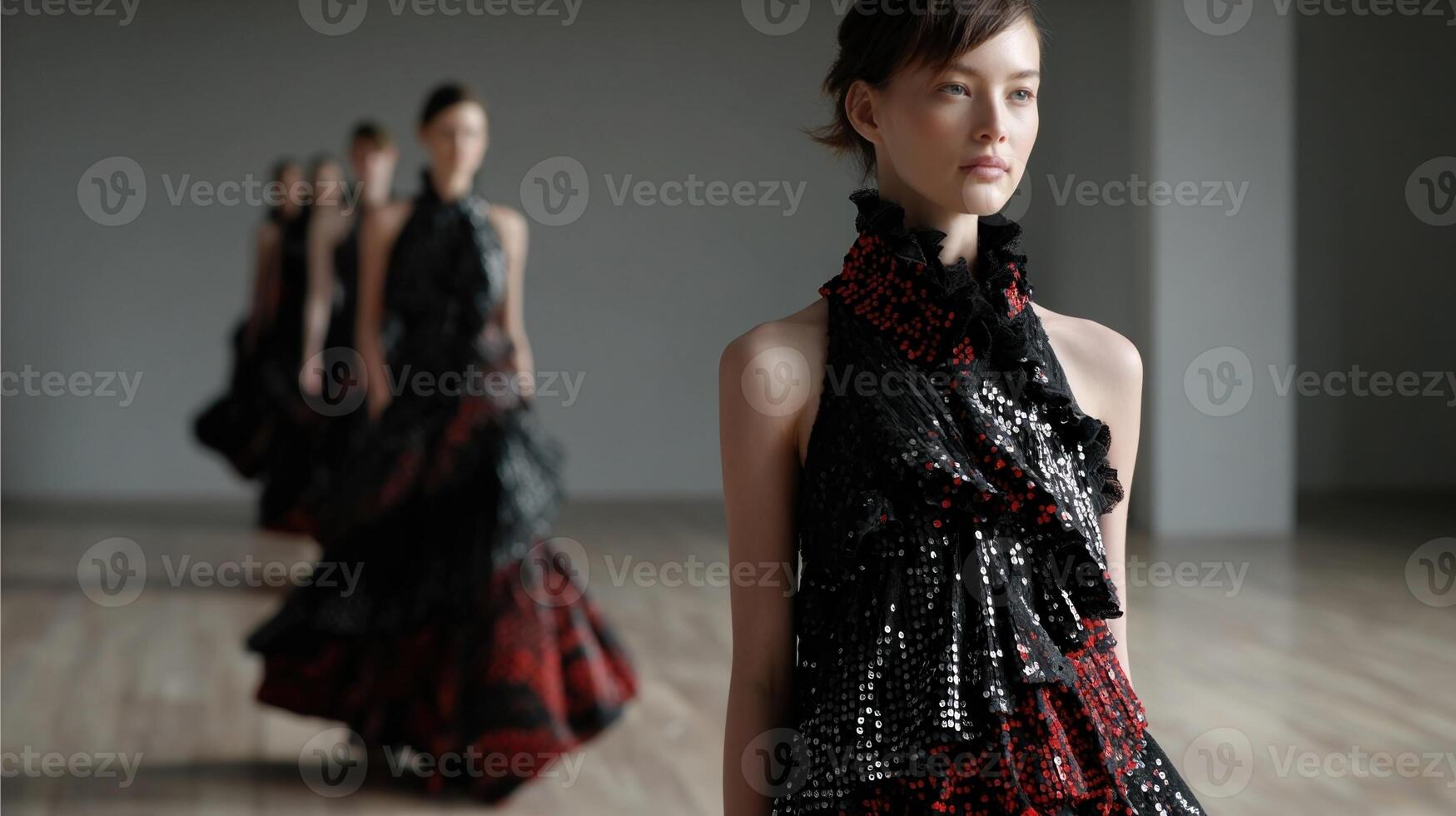 An assembly of avantgarde dresses intricately designed with reflective pixelated textures showcasing the interplay of light and shadow as the models rotate gracefully emphasizing th photo
