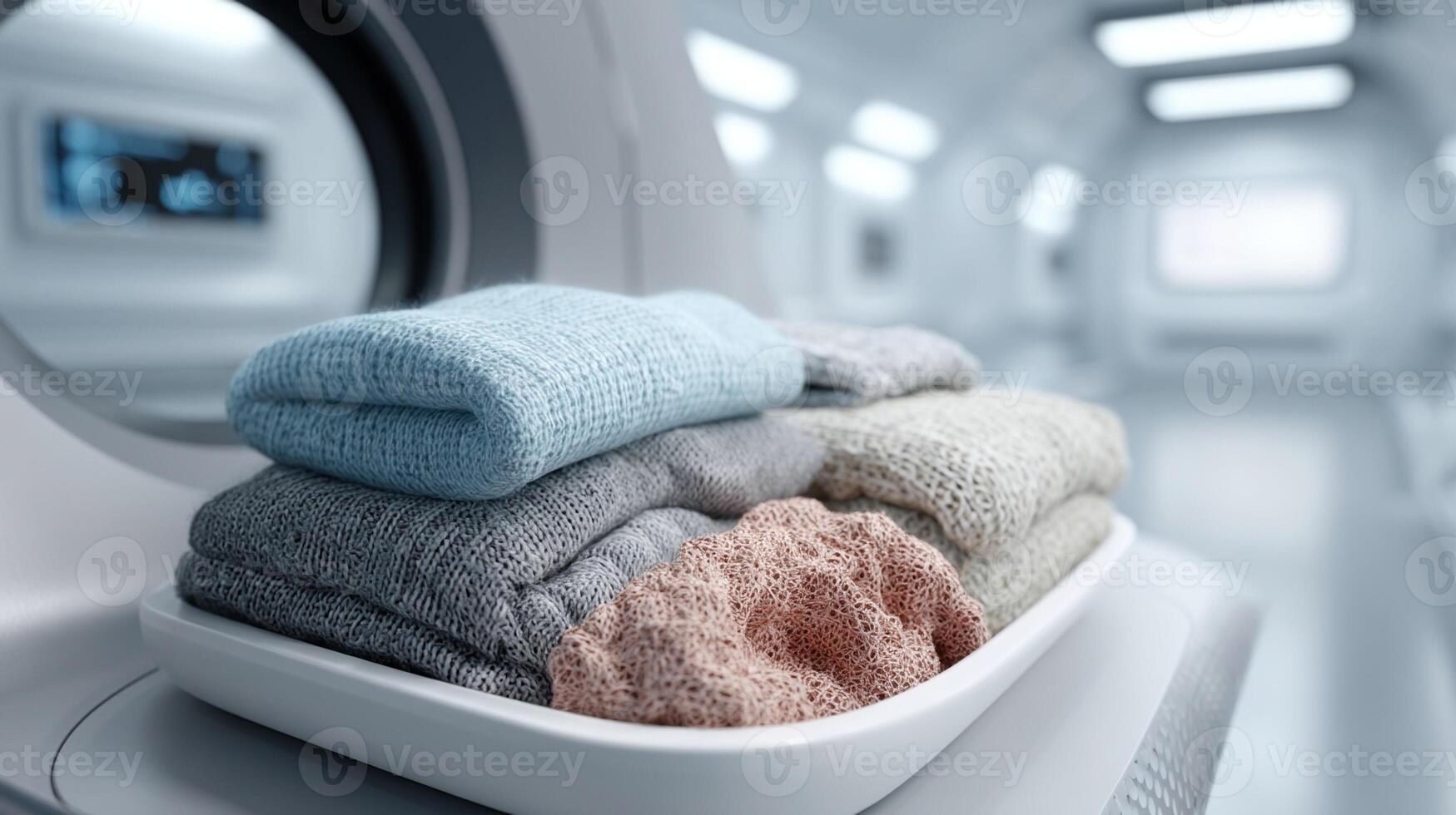 A futuristic laundry pod filled with various fabrics as the robot scans each item using advanced sensors to consult its AI database for personalized care instructions and cycle photo