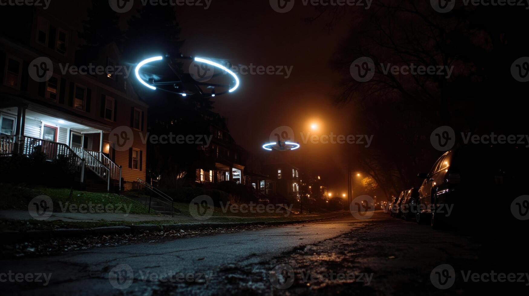 The reflective surfaces of the drones catch glimmers of city lights as they navigate the night sky seamlessly blending technology with the peaceful ambiance of a quiet neighborhood photo